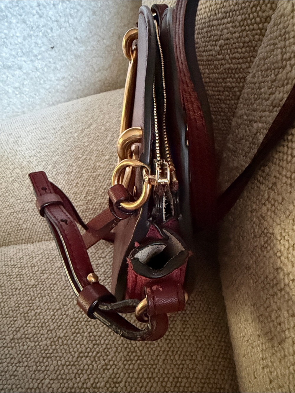 Wine Red Leather Circle Crossbody Bag with Gold Handles - Picture 6 of 7